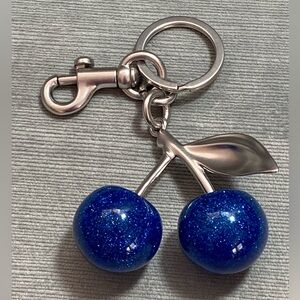 Blue Glitter Cherry Ball Bag Charm with Key Chain and Clip, for Purses & Bags